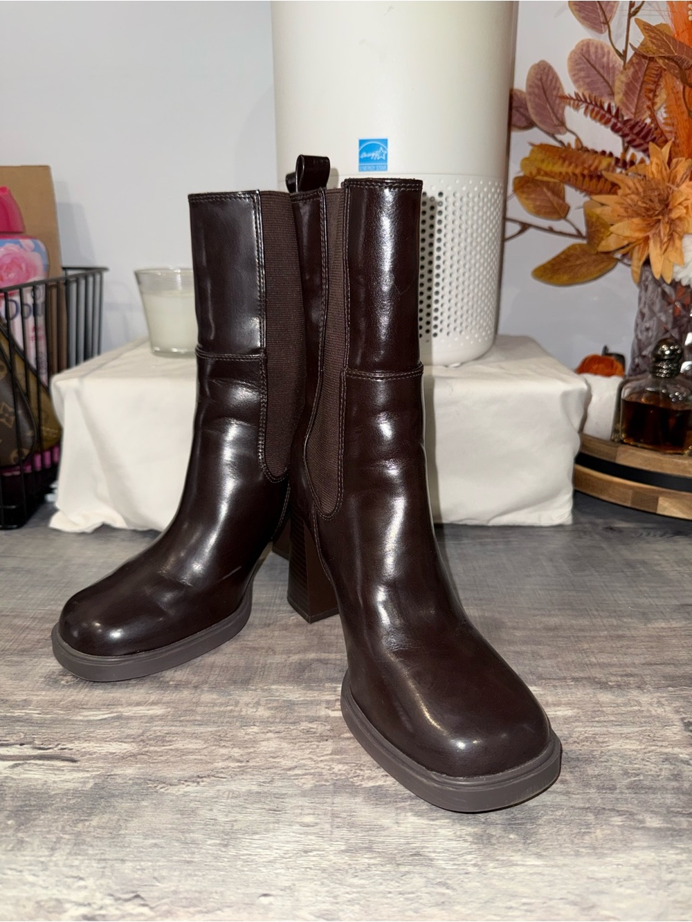 Chunky Heel Mid-Calf Boots in Dark Brown